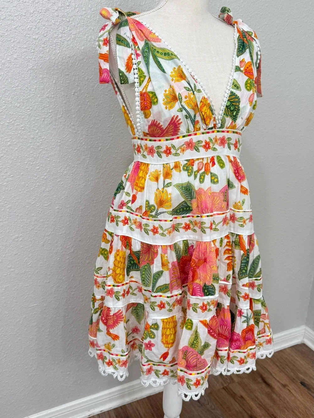 FARM Rio Macaw Bloom Tie Shoulder Tiered Floral Mini Dress Size S